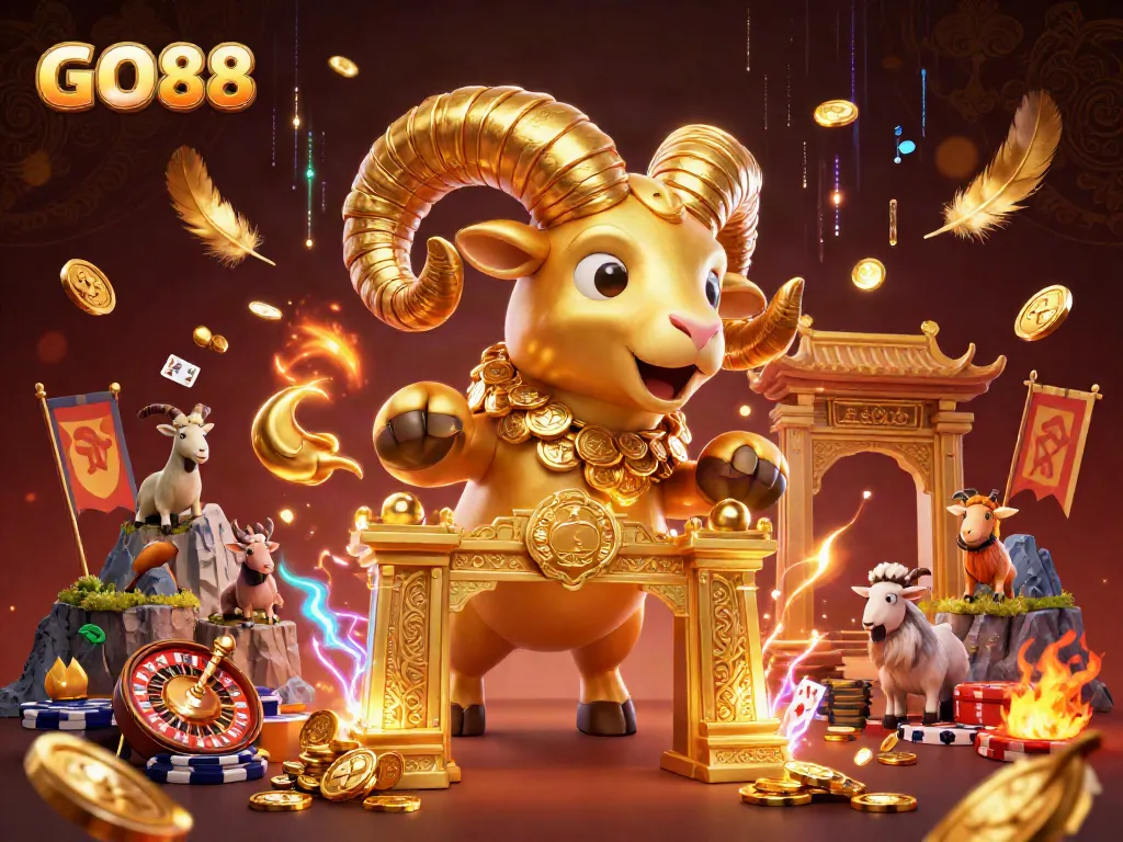 Bet on GO88 with a massive golden ram charging through a dazzling live casino scene.