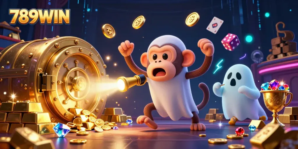 Experience thrilling gameplay at 789WIN with a fun visual of gaming treasures and action.